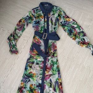 Multicolor Floral Maxi Shirt Dress with Navy Trim and Belt